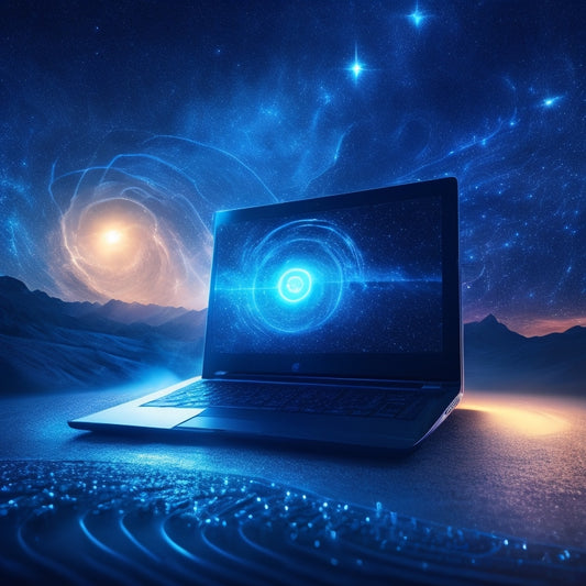 A futuristic, glowing digital key unlocking a laptop screen, revealing a swirling vortex of 1s and 0s, surrounded by floating icons of music, e-books, and software, set against a dark blue, starry night sky.