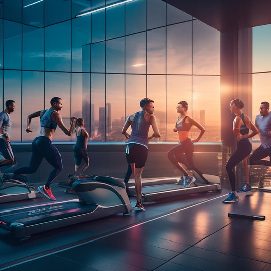 A futuristic fitness studio with sleek, silver equipment, surrounded by a cityscape at dusk, with neon lights reflecting off the polished floor, and a few athletes in motion, silhouetted against the vibrant background.