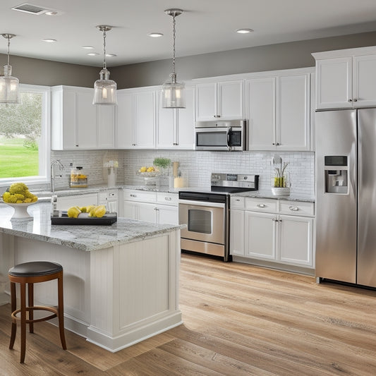 A bright, modern kitchen with sleek, white cabinets, dark granite countertops, and stainless steel appliances, featuring strategically placed outlets and USB ports along the countertops and island.