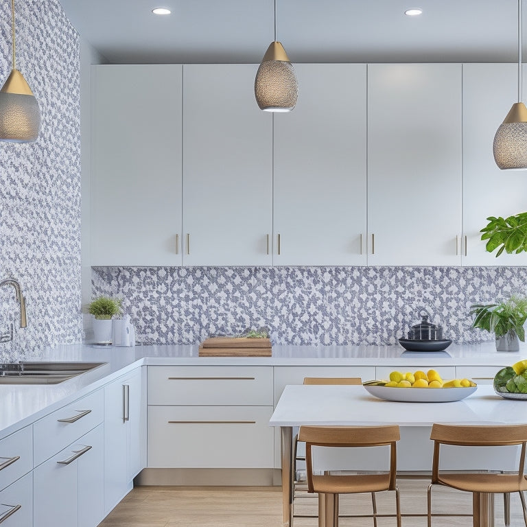 A stylish, minimalist kitchen with sleek white cabinets, a compact island, and a chrome faucet, surrounded by a bold, geometric-patterned wallpaper and a large, circular pendant light fixture.