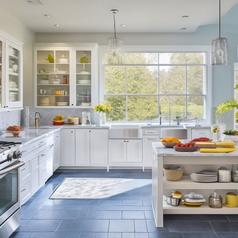 A bright, modern kitchen with large windows, sleek white cabinets, and a central island with a built-in cooktop, surrounded by colorful utensils, cookbooks, and a few scattered recipe cards.