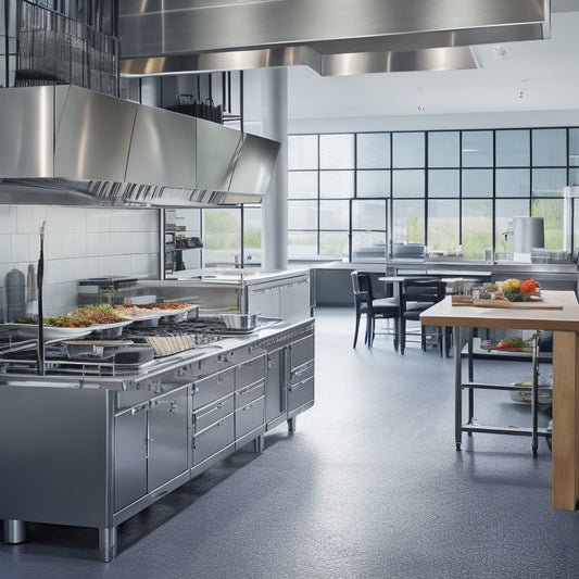 A modern commercial kitchen with stainless steel countertops, sleek appliances, and a polished concrete floor, featuring a streamlined workflow with chefs efficiently preparing meals amidst organized utensils and utensil holders.