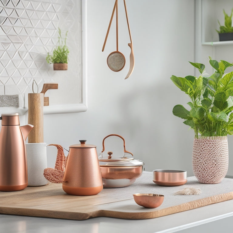 A bright and airy kitchen with sleek countertops, adorned with a mix of modern and vintage accessories, including a copper tea infuser, a wooden utensil holder, and a geometric-patterned ceramic vase.