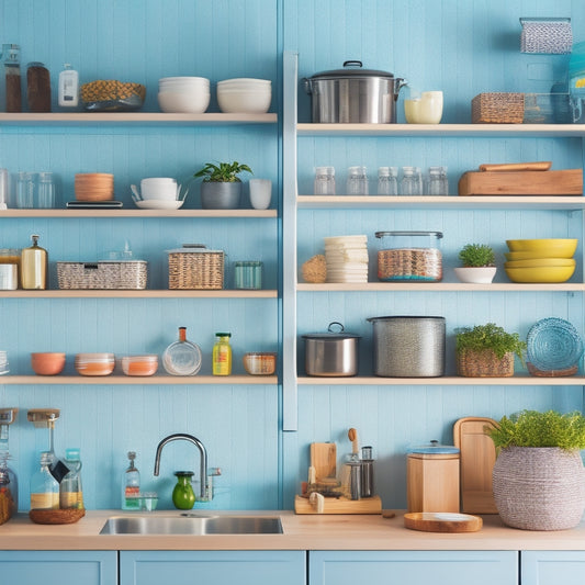 A bright and organized modern kitchen with sleek countertops, featuring a pull-out spice rack, a pegboard with hanging utensils, and a set of stackable glass containers on a shelf.