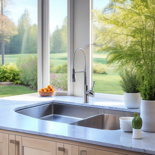 A sleek, modern kitchen featuring a stainless steel sink with a unique, curved apron front and a waterfall faucet, set against a backdrop of light gray quartz countertops and white cabinets.