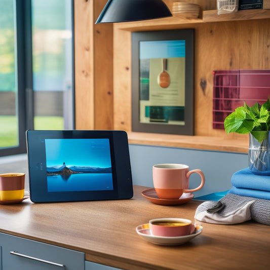 A sleek, modern kitchen with a large, touch-sensitive tablet on the counter, surrounded by scattered design magazines, colorful pens, and a cup of steaming coffee, set against a warm, natural-wood backdrop.