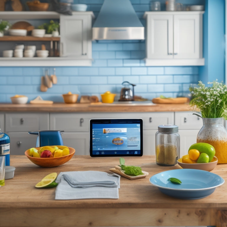 A bright, modern kitchen with a tablet and smartphone on the counter, surrounded by organized utensils and ingredients, with a blurred background of a cluttered kitchen to contrast the tidy space.