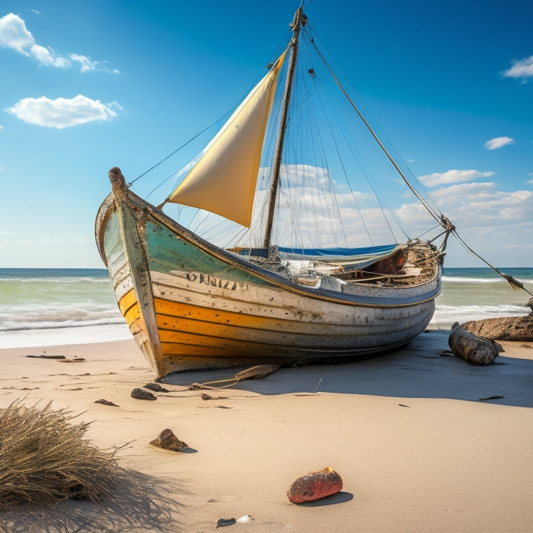 A distressed sailboat with cracked and weathered transom seal, water gushing in, surrounded by scattered summer floats and abandoned beach balls on a sunny, cloudless day.