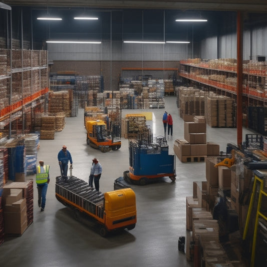 A bustling warehouse with rows of shelved materials, a variety of tools, and a team of professionals in orange vests, surrounded by renovation projects in different stages of completion.