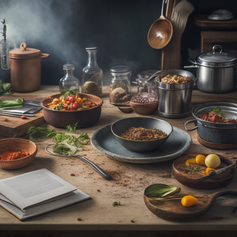 A cluttered kitchen counter with a recipe book splayed open, surrounded by messy utensils, scattered ingredients, and a few burnt or overcooked dishes, with a faint hint of smoke in the air.