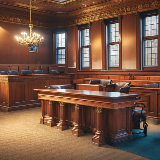 A solemn, dimly lit courtroom interior with a centered, elevated jury box, 12 empty chairs, and a prominent, worn wooden judge's bench in the background, with a subtle American flag presence.