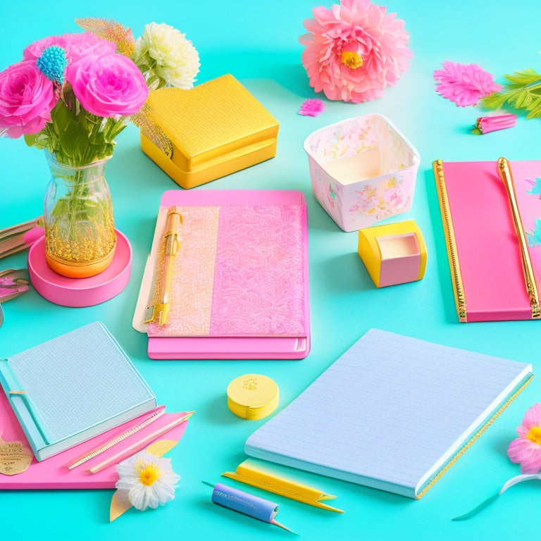 A vibrant, pastel-colored desk setup featuring a variety of stylish planner accessories: colorful pens, washi tape, paper clips, stickers, and a decorative planner with a gold trim, surrounded by blooming flowers.