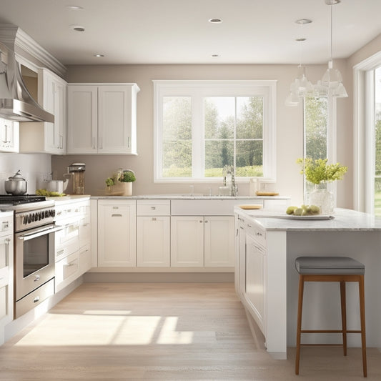 An L-shaped kitchen with sleek, white cabinets, stainless steel appliances, and a large island with a built-in sink, set against a warm, beige background with natural light pouring in from a window.