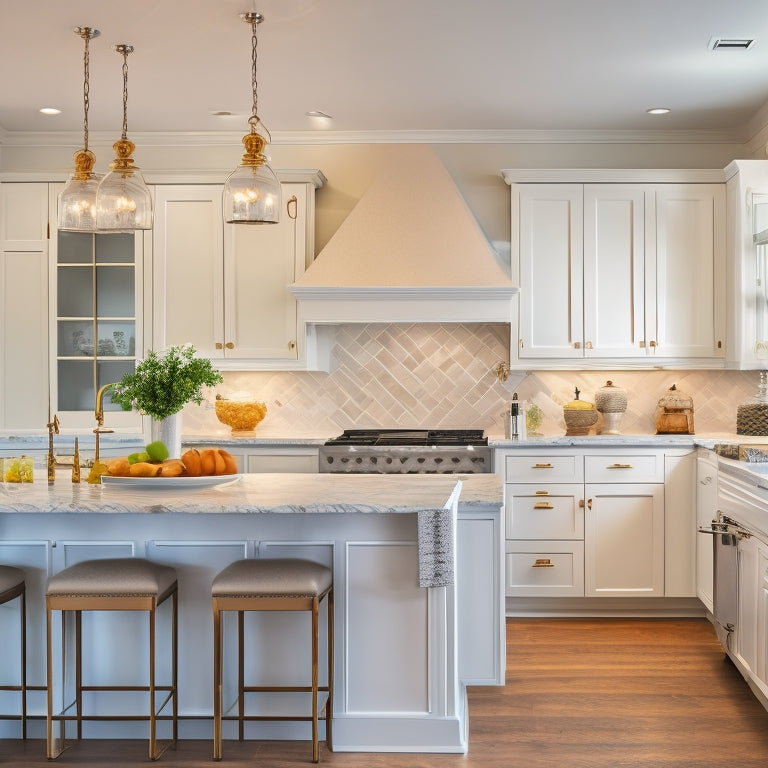 A bright, modern kitchen with creamy white cabinets featuring ornate hardware, paired with sleek quartz countertops, stainless steel appliances, and a large center island with a built-in sink.