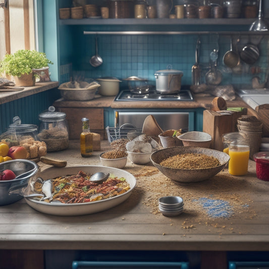 A messy kitchen scene with dirty dishes piled in the sink, utensils scattered on countertops, and a cluttered pantry with food items spilling out, surrounded by a faint outline of a clean and organized kitchen in the background.