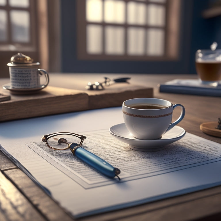 A key hovering above a partially completed checklist on a wooden desk, surrounded by a miniature house model, a pair of glasses, and a cup of steaming coffee.