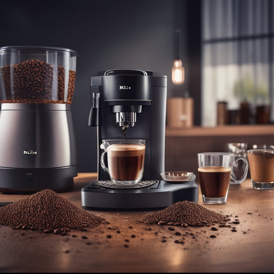 A broken Miele coffee machine with a cracked or shattered glass carafe, surrounded by coffee beans and scattered coffee grounds, with a spark-less electrical component in the foreground.