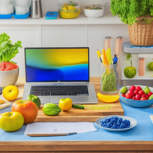 A bright and organized kitchen counter with a few open laptops, colorful pens, and a stack of printed meal planning templates surrounded by fresh fruits and vegetables.