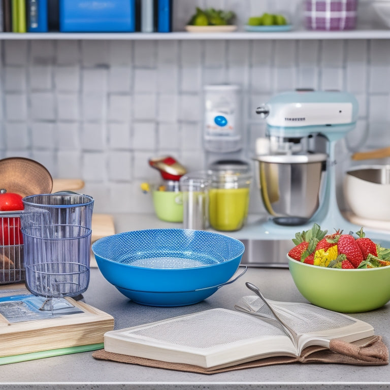 A tidy kitchen counter with a utensil organizer, a set of measuring spoons, a stand mixer, a kitchen scale, and a stack of color-coded cookbooks in the background.