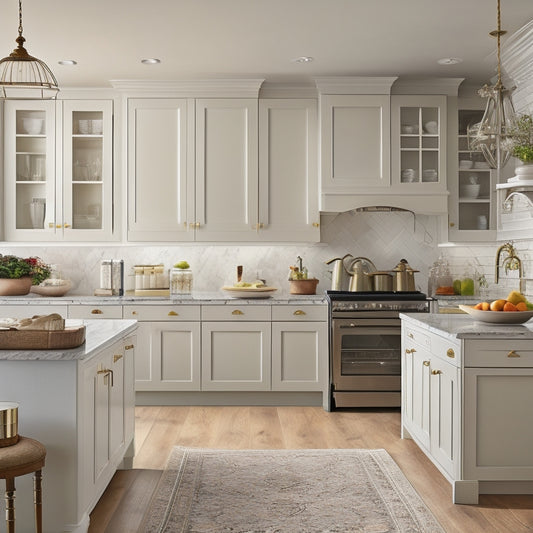 A beautifully styled kitchen with multiple cabinet styles, finishes, and configurations, showcasing a mix of open shelving, glass doors, and decorative hardware against a soft, creamy background.