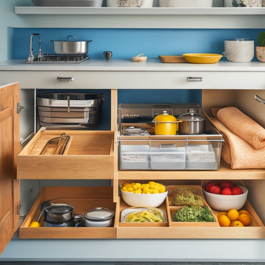 A bright, modern kitchen with opened drawers revealing organized utensils, cookware, and food storage containers, with dividers and inserts, and a subtle hint of warm natural light.