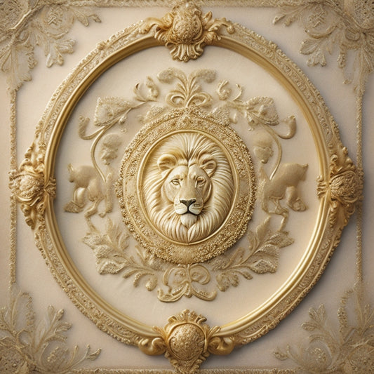 A ornate, golden frame surrounding a cream-colored parchment with a wax seal featuring a regal lion, adorned with intertwining vines and subtle Celtic knots, set against a warm, beige background.