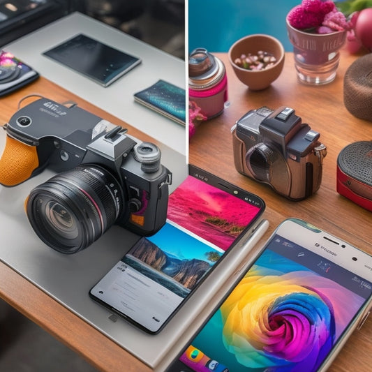 A split-screen image featuring a smartphone with multiple app icons on the left, and a photographer's desk with various edited photos and camera equipment on the right, connected by a swirl of colorful photo editing tools.