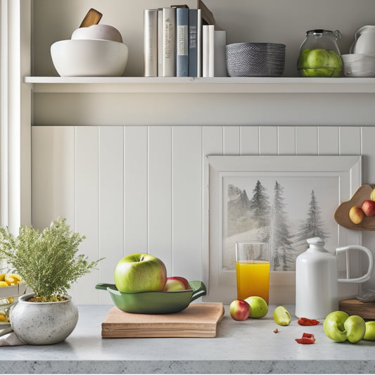 A serene, well-organized kitchen with a few, carefully placed cookbooks on a minimalist shelf, a tidy utensil holder, and a sparkling clean countertop with a single, ripe apple.