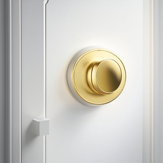 A luxurious, modern keyhole with a gleaming gold key inserted, surrounded by subtle, gradient shadows, set against a soft, creamy white background with a hint of warm light.