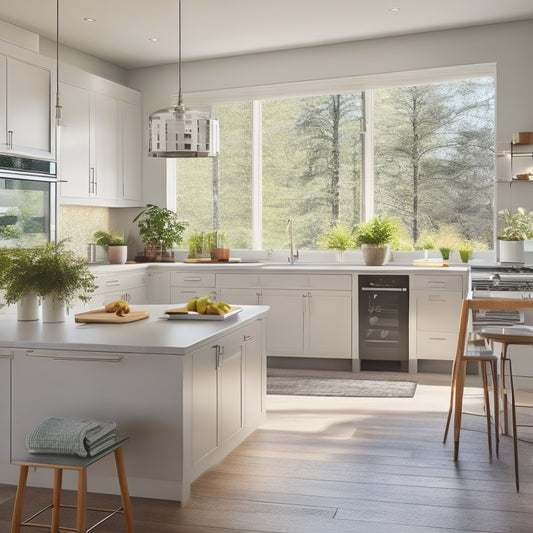 A bright, modern kitchen with a large island, sleek appliances, and a large window letting in natural light, surrounded by open laptops, design books, and architectural sketches.