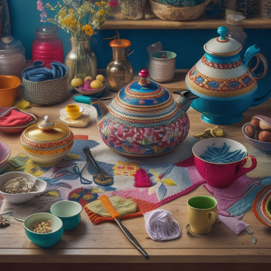 A colorful, cluttered kitchen countertop with various whimsical cross-stitch patterns scattered about, including a teapot, mixing bowl, and utensils, amidst threads, needles, and fabric scraps.