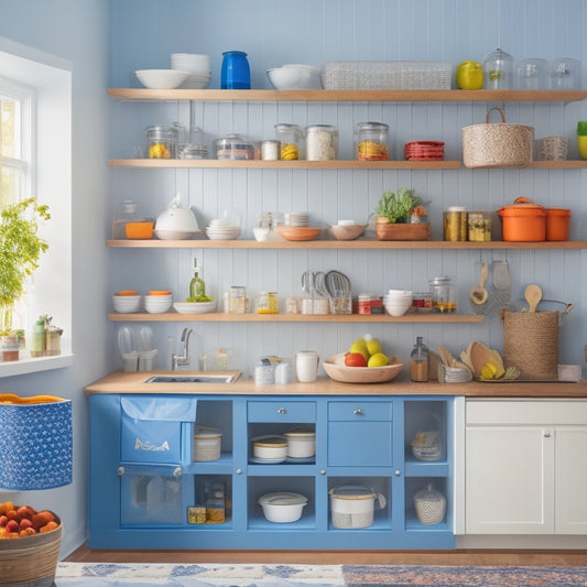 A tidy, compact kitchen with a small island, featuring a stackable utensil organizer, a hanging pot rack, a spice carousel, and a set of colorful, labeled storage bins on open shelves.