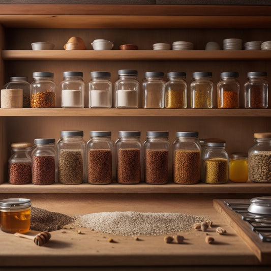 A tidy kitchen countertop with a wooden spice rack in the center, holding 12 neatly labeled glass jars in a warm, honey-brown color, surrounded by a few scattered whole spices.