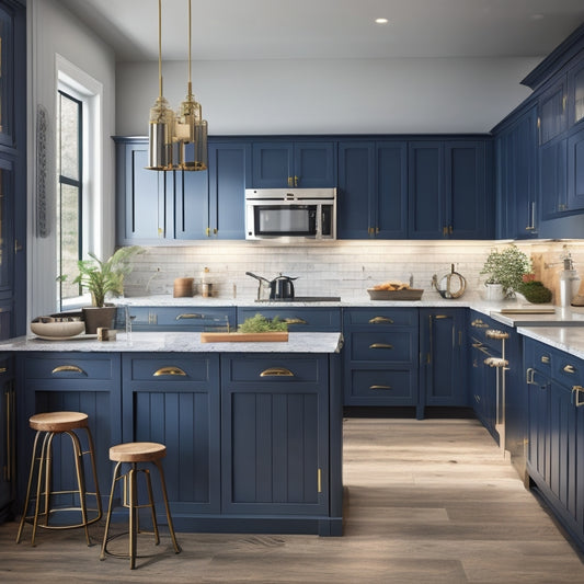 A modern kitchen with five different cabinet styles: sleek white handle-less, reclaimed wood, navy blue Shaker, rustic metal, and high-gloss black, each with distinct hardware and countertops.