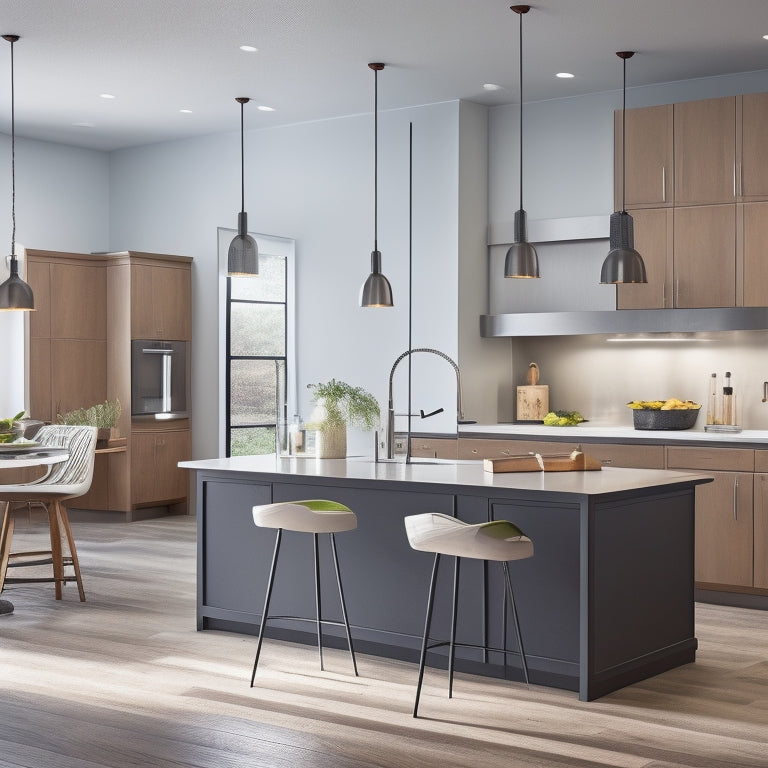 A sleek, modern kitchen with a large island, pendant lights, and a mix of stainless steel and wooden accents, featuring a stand mixer, chef's knife, and cooking utensils on the countertops.