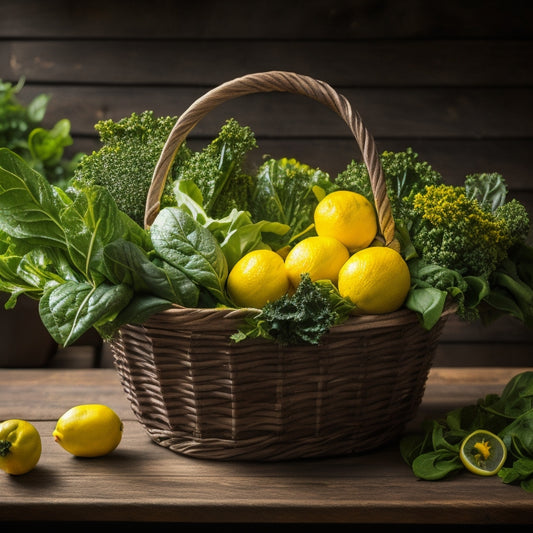 A vibrant, overflowing basket of fresh spring greens, including emerald kale, velvety spinach, and crisp arugula, surrounded by sliced lemons, cherry tomatoes, and delicate violas, on a rustic wooden table.