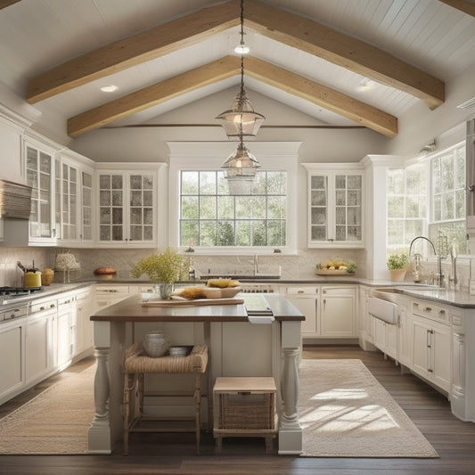 A warm and inviting rectangular kitchen with cream-colored cabinets, dark hardwood floors, and a large center island under a stunning vaulted ceiling with skylights, filled with natural light.