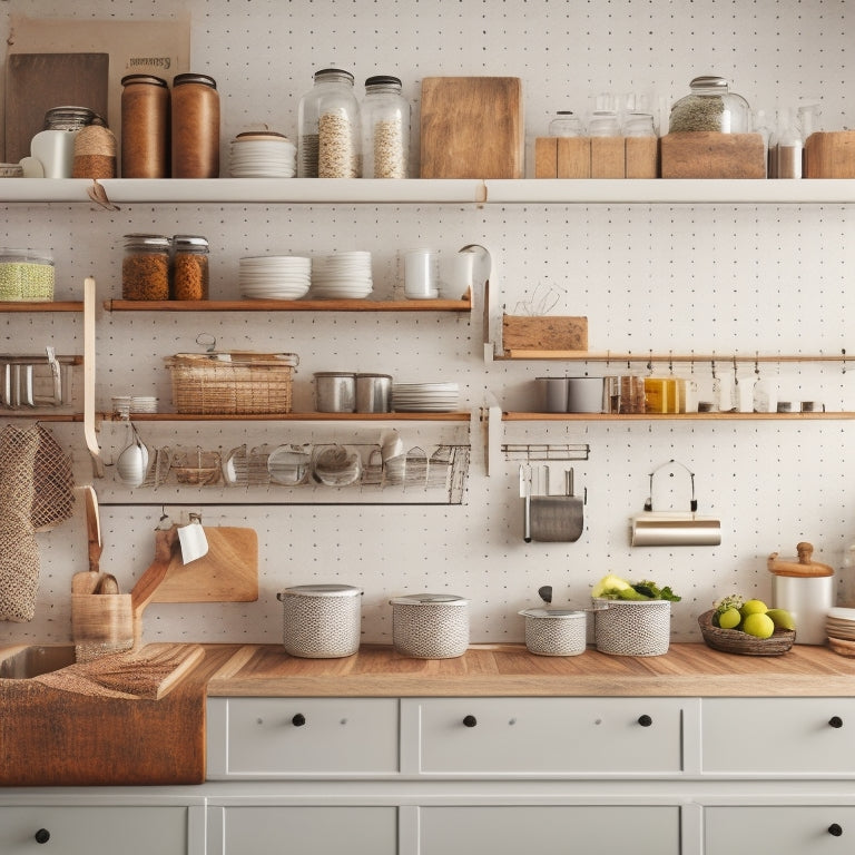 A spotless kitchen with a mix of wooden and white cabinets, featuring a pegboard with neatly hung utensils, a pull-out spice rack, and a decorative countertop with a few artfully arranged jars.