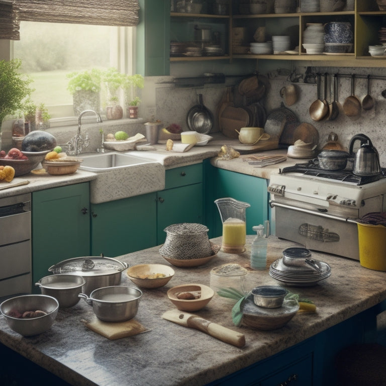 A messy kitchen with open cabinets, overflowing countertops, and a sink piled high with dirty dishes, surrounded by scattered recipe books, appliances, and utensils in disarray.