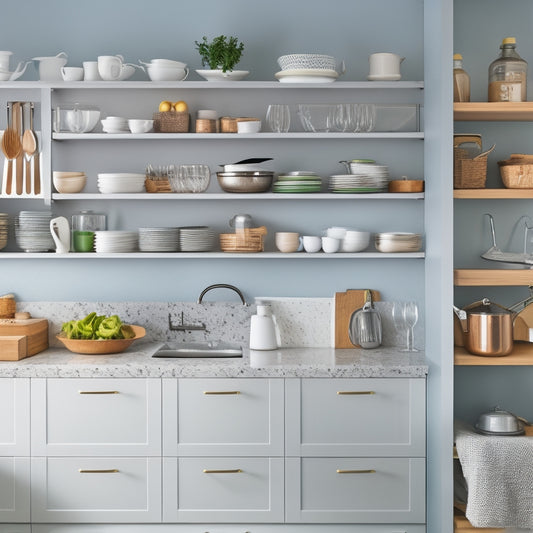 A bright, modern kitchen with open drawers showcasing organized utensils, cookware, and ingredients, alongside a few decorative items, set against a clean, white background with soft, natural lighting.