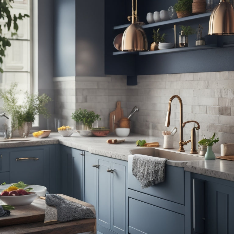 A beautifully styled kitchen with multiple sinks of varying materials, shapes, and sizes, set against a neutral background, with subtle lighting and a few strategically placed kitchen utensils.