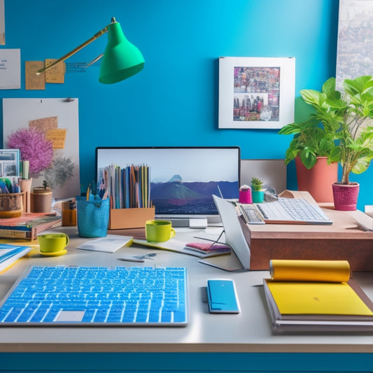 A colorful, clutter-free desk with a laptop, an open writing handbook, and a few scattered pencils, surrounded by inspiration boards and charts, with a subtle background of a school corridor.