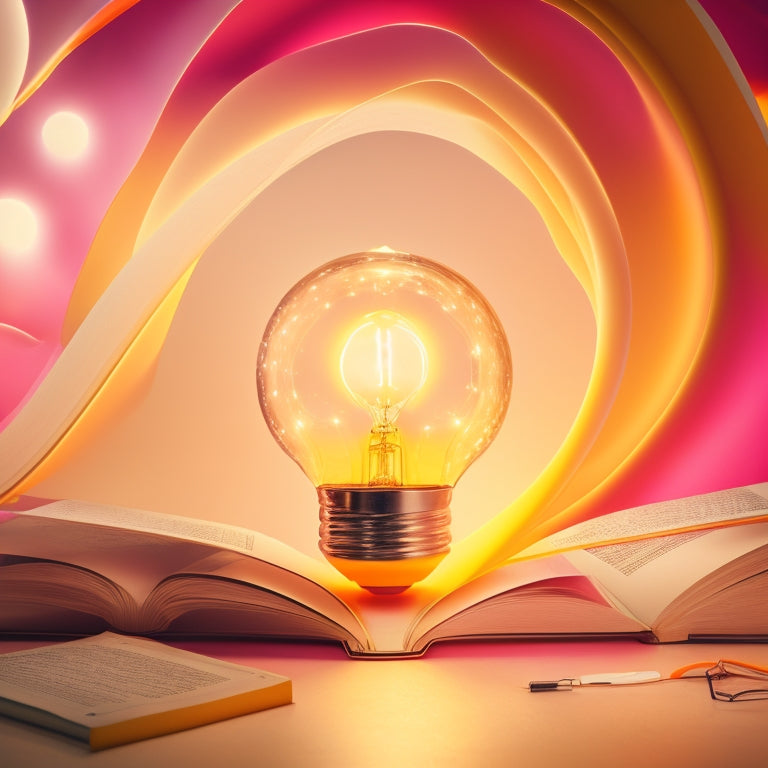 A vibrant, abstract background with swirling shapes in shades of orange, yellow, and pink, surrounded by scattered pages of an open ebook, with a lightbulb bursting out of the center.