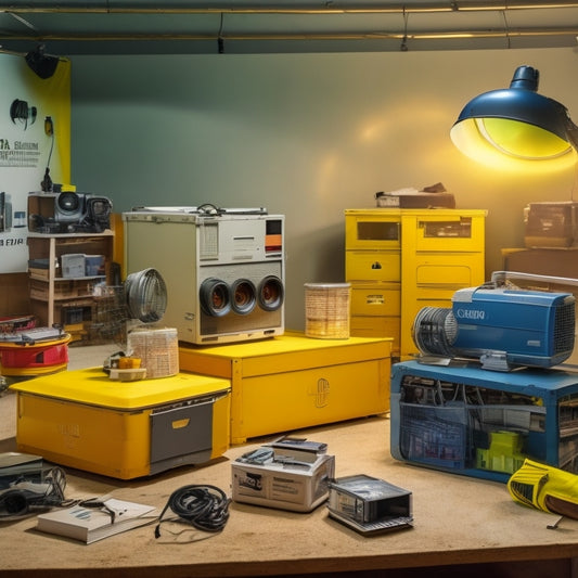 A clutter-free workshop with a large, gray LG projector in the center, surrounded by scattered projector parts, wires, and opened manuals, with a bright, yellow "Sale" tag hanging from the projector's lens.