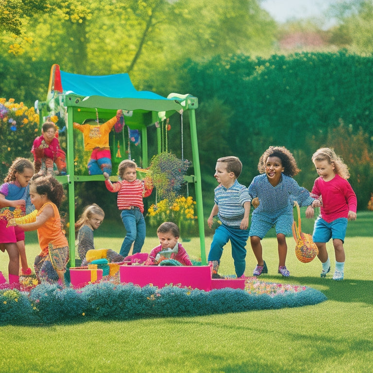 A colorful, sunny backyard scene featuring a variety of kids' climbers and playsets, with happy children playing, laughing, and climbing on them, surrounded by lush green grass and blooming flowers.