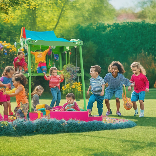 A colorful, sunny backyard scene featuring a variety of kids' climbers and playsets, with happy children playing, laughing, and climbing on them, surrounded by lush green grass and blooming flowers.