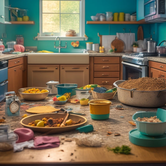 A cluttered kitchen with stacked dirty dishes, crumbs scattered on countertops, and appliances buried under utensils, surrounded by overflowing trash cans and a calendar with torn meal prep plans in the background.