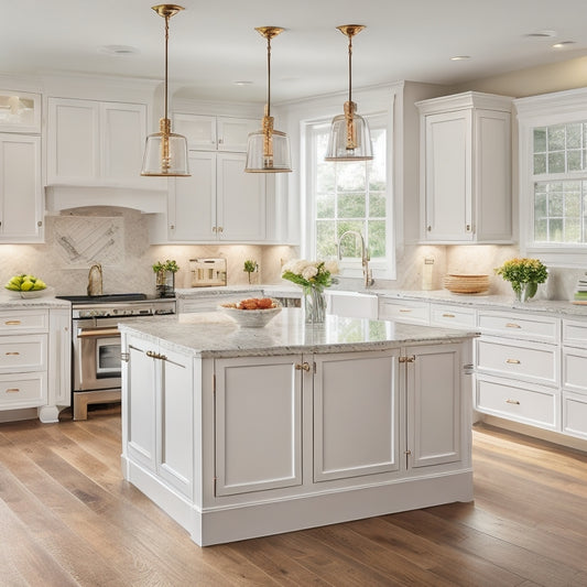 A bright, airy kitchen with sleek white cabinets, quartz countertops, and a large island with a built-in sink, set against a warm beige backsplash and gleaming hardwood floors.