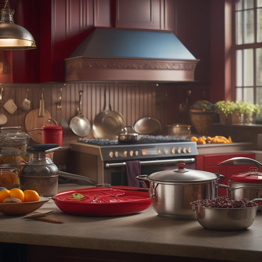 A busy kitchen scene with stainless steel appliances, wooden utensils, and copper pots, featuring a regal red and gold color scheme, with a chef's hat and apron hanging from a hook.