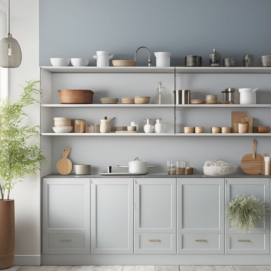 A minimalist kitchen with three different open shelving layouts: asymmetrical with decorative objects, symmetrical with identical vases, and a mix of shelves and cabinets in a contrasting color scheme.